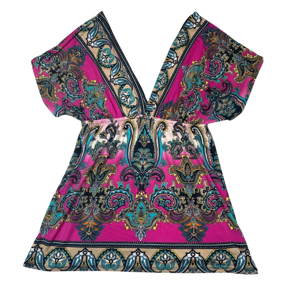 Sugar‎ Tart Womens Small Paisley Tunic Top Magenta Teal Boho V-Neck Tie Back Y2K